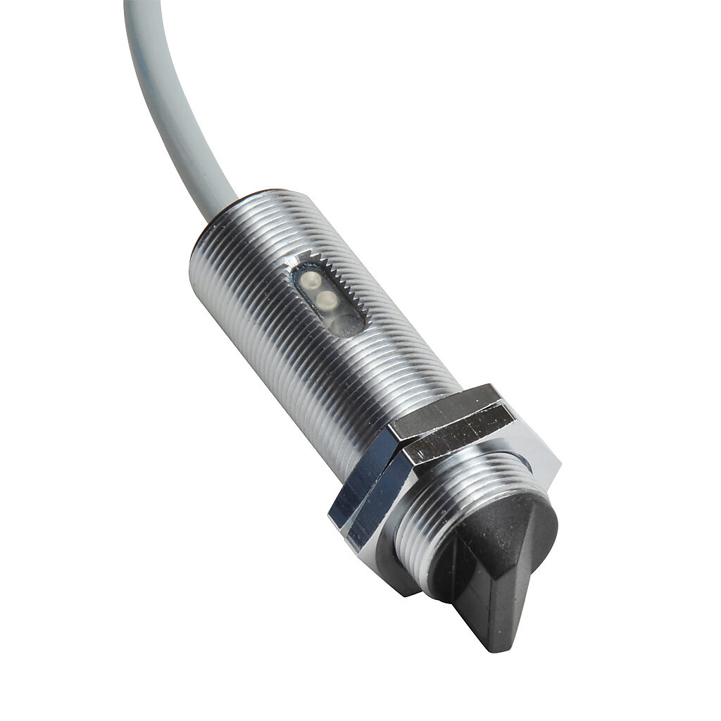 C18R-0N-2A - AutomationDirect photoelectric sensor, tubular, threaded, through-beam receiver, right-angle lens, 6m sensing distance, complementary light-on/dark-on, NPN, 10-36 VDC operating voltage, 18mm diameter x 61.5mm body, metal, 4-wire, pigt...