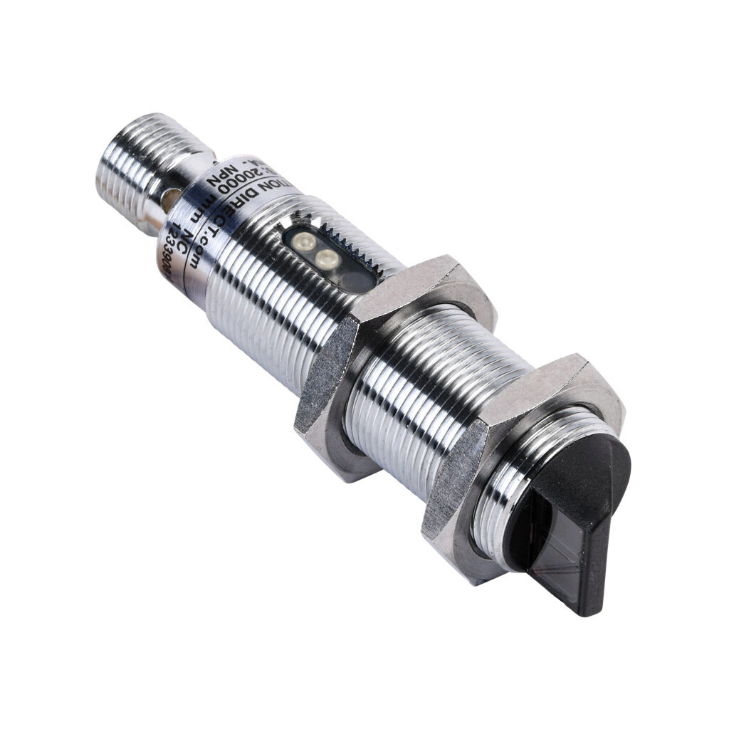 C18R-0N-2E - AutomationDirect photoelectric sensor, tubular, threaded, through-beam receiver, right-angle lens, 6m sensing distance, complementary light-on/dark-on, NPN, 10-36 VDC operating voltage, 18mm diameter x 61.5mm body, metal, 4-wire, 4-pi...