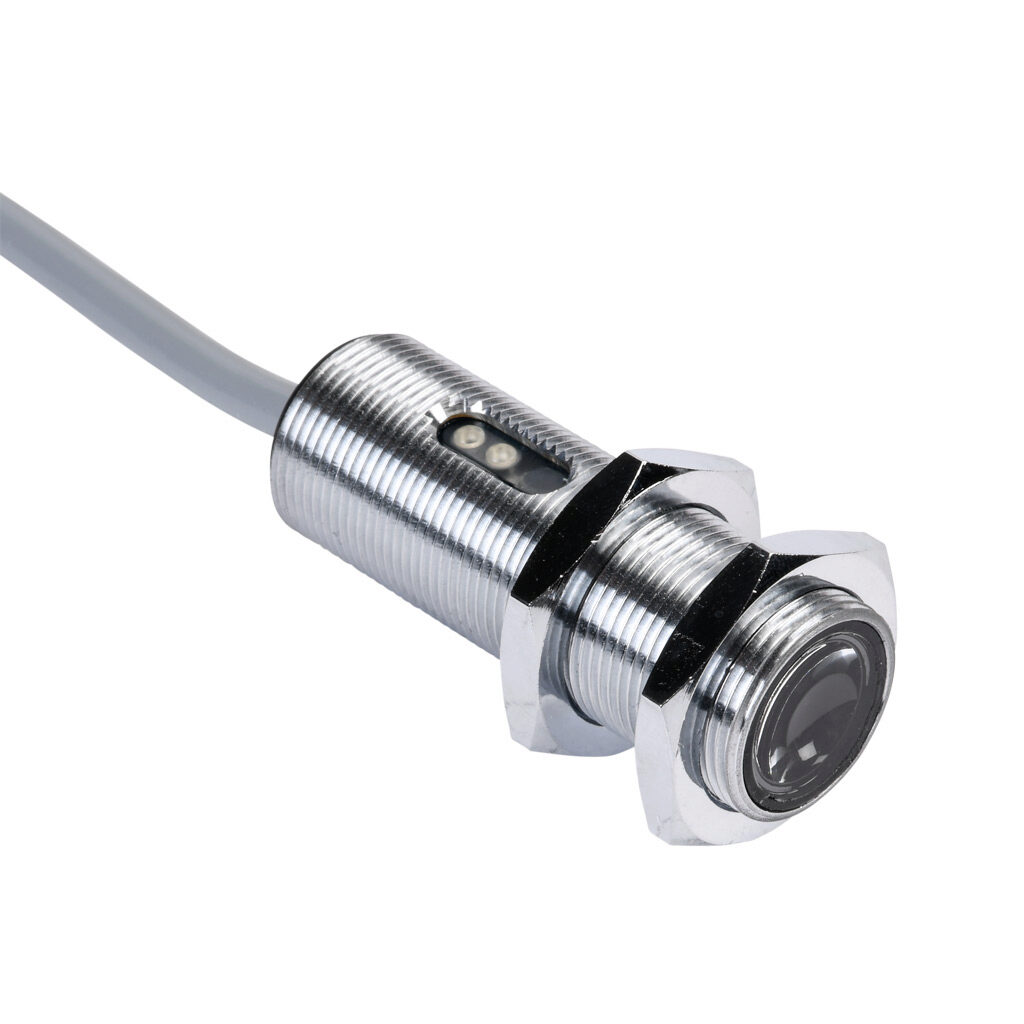 C18R-0P-1A - AutomationDirect photoelectric sensor, tubular, threaded, through-beam receiver, 6m sensing distance, complementary light-on/dark-on, PNP, 10-36 VDC operating voltage, 18mm diameter x 50mm body, metal, 4-wire, pigtail.