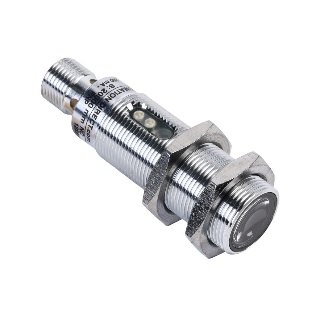 C18R-0P-1E - AutomationDirect photoelectric sensor, tubular, threaded, through-beam receiver, 6m sensing distance, complementary light-on/dark-on, PNP, 10-36 VDC operating voltage, 18mm diameter x 50mm body, metal, 4-wire, 4-pin M12 quick-disconnect.
