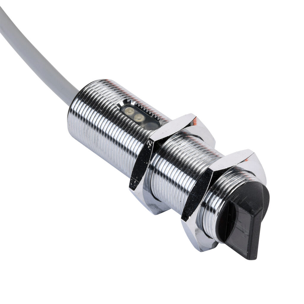C18R-0P-2A - AutomationDirect photoelectric sensor, tubular, threaded, through-beam receiver, right-angle lens, 6m sensing distance, complementary light-on/dark-on, PNP, 10-36 VDC operating voltage, 18mm diameter x 61.5mm body, metal, 4-wire, pigt...
