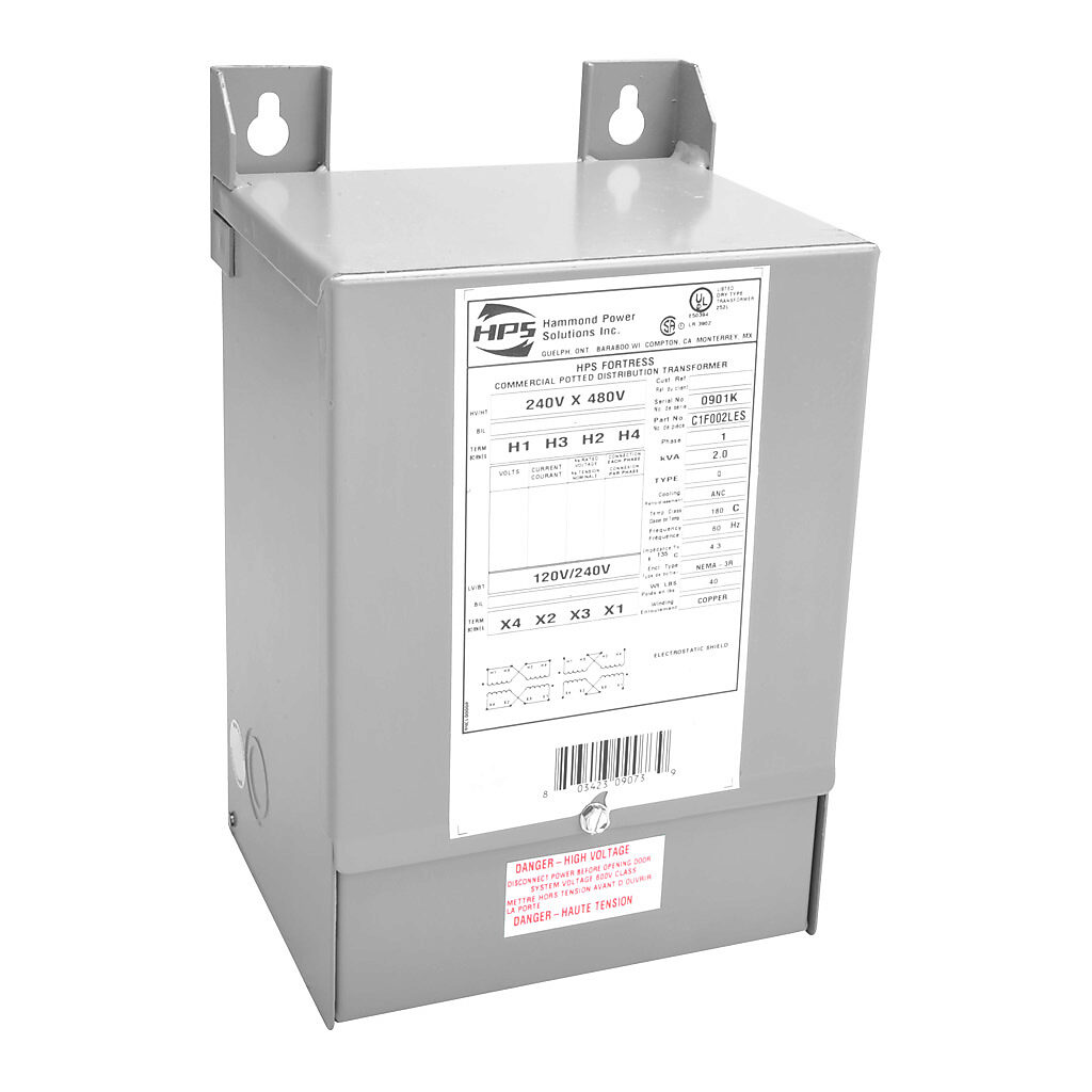 C1F002LES - Hammond general purpose transformer, encapsulated core, 2 kVA, 1-phase, 240/480 VAC, 120/240 VAC secondary, 60 Hz, electrostatic shield, NEMA 3R, wall mount.