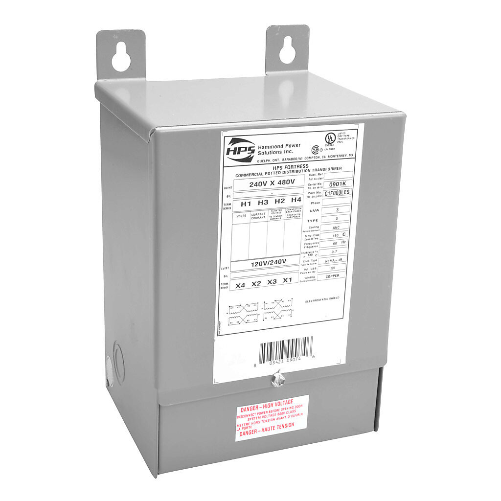 C1F003LES - Hammond general purpose transformer, encapsulated core, 3 kVA, 1-phase, 240/480 VAC, 120/240 VAC secondary, 60 Hz, electrostatic shield, NEMA 3R, wall mount.