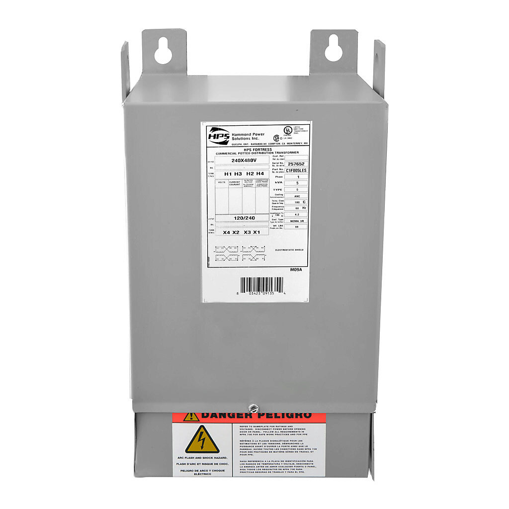 C1F005LES - Hammond general purpose transformer, encapsulated core, 5 kVA, 1-phase, 240/480 VAC, 120/240 VAC secondary, 60 Hz, electrostatic shield, NEMA 3R, wall mount.