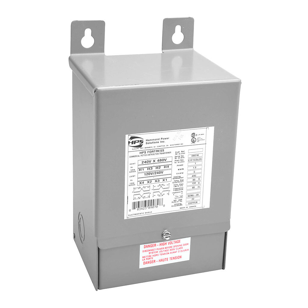 C1F1C0LES - Hammond general purpose transformer, encapsulated core, 1 kVA, 1-phase, 240/480 VAC, 120/240 VAC secondary, 60 Hz, electrostatic shield, NEMA 3R, wall mount.