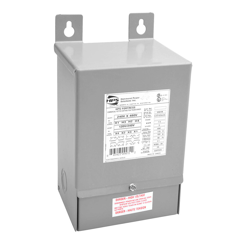 C1F1C5LES - Hammond general purpose transformer, encapsulated core, 1.5 kVA, 1-phase, 240/480 VAC, 120/240 VAC secondary, 60 Hz, electrostatic shield, NEMA 3R, wall mount.