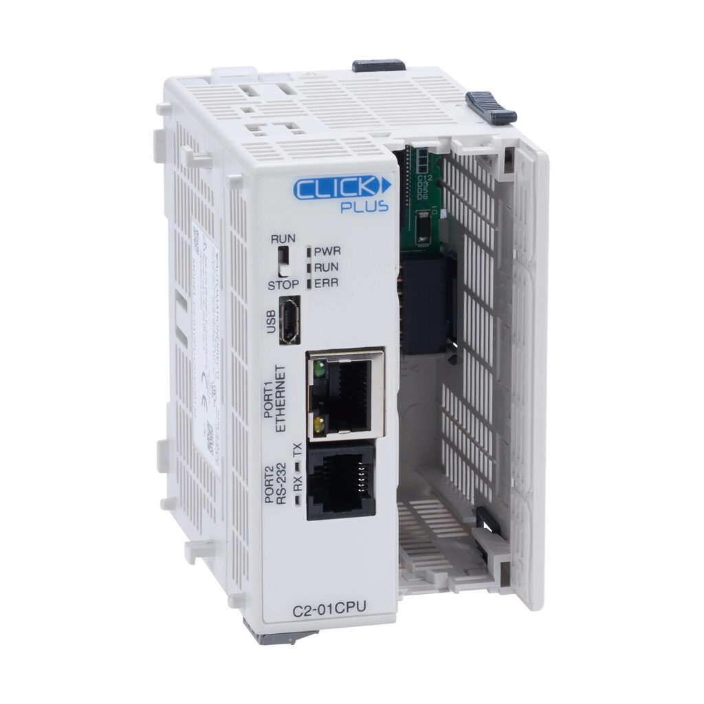 C2-01CPU - CLICK PLUS PLC, 24 VDC required, (1) option slot, Ethernet, serial and microB-USB ports, battery backup, no on-board I/O.