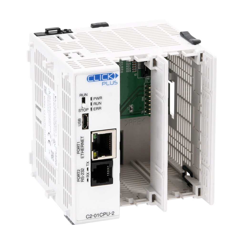 C2-01CPU-2 - CLICK PLUS PLC, 24 VDC required, (2) option slots, Ethernet, serial and microB-USB ports, battery backup, no on-board I/O.