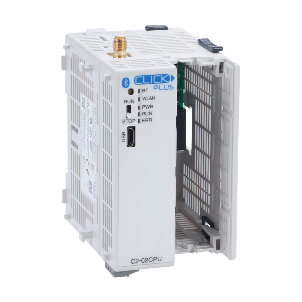 C2-02CPU - CLICK PLUS PLC, 24 VDC required, (1) option slot, WiFi LAN/Bluetooth and microB-USB ports, battery backup, no on-board I/O.