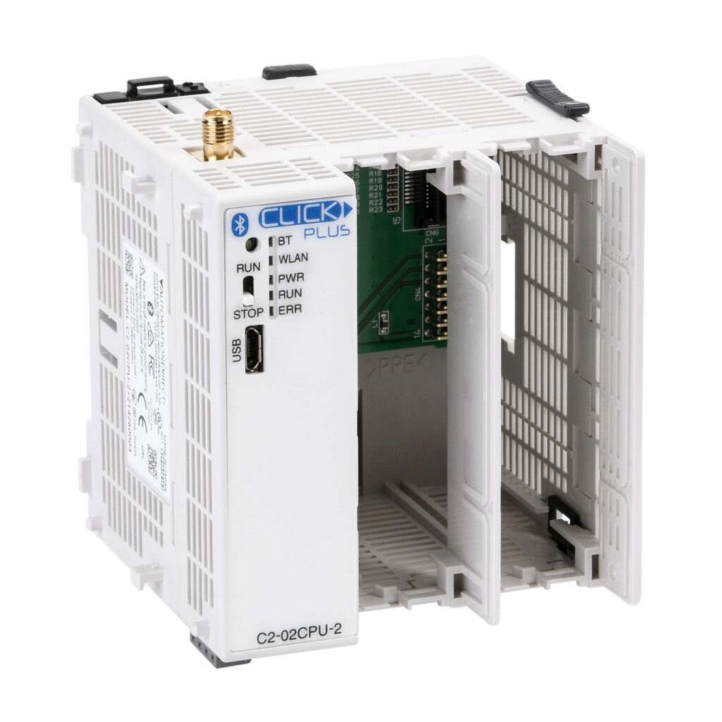 C2-02CPU-2 - CLICK PLUS PLC, 24 VDC required, (2) option slots, WiFi LAN/Bluetooth and microB-USB ports, battery backup, no on-board I/O.