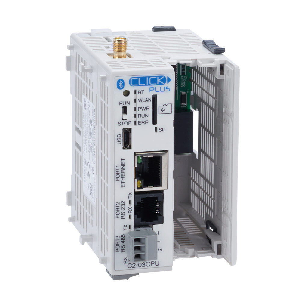 C2-03CPU - CLICK PLUS PLC, 24 VDC required, (1) option slot, WiFi LAN/Bluetooth, Ethernet, serial and microB-USB ports, battery backup, microSD card slot, no on-board I/O.