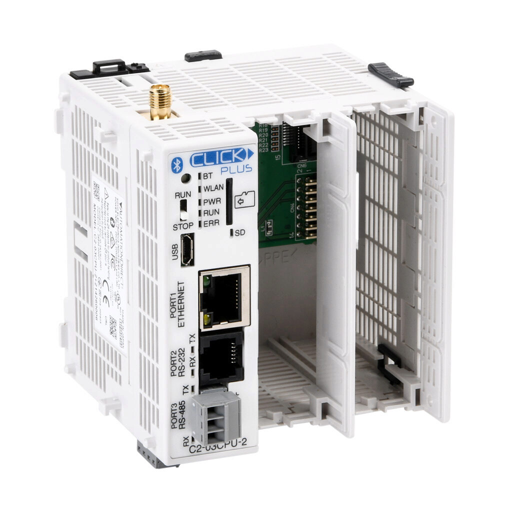 C2-03CPU-2 - CLICK PLUS PLC, 24 VDC required, (2) option slots, WiFi LAN/Bluetooth, Ethernet, serial and microB-USB ports, battery backup, microSD card slot, no on-board I/O.