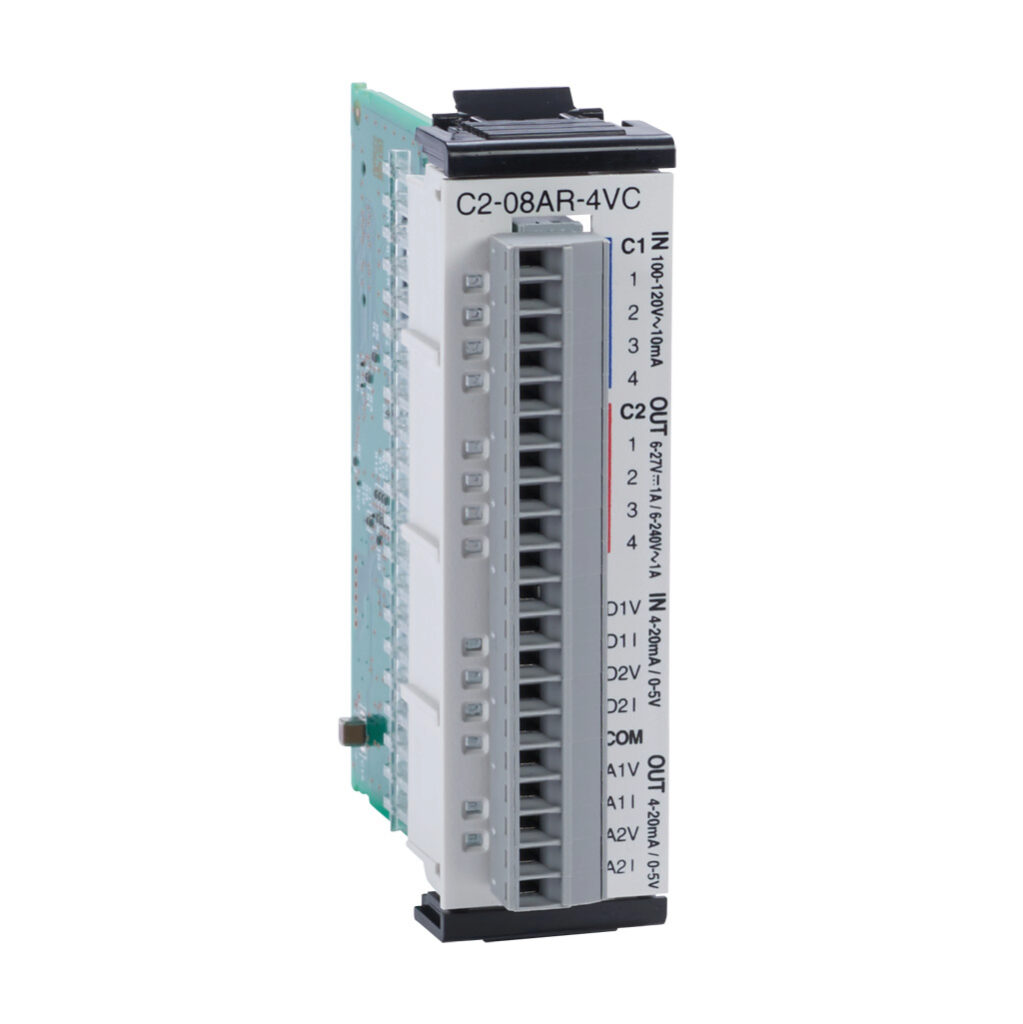 C2-08AR-4VC - CLICK PLUS discrete/analog combo module, Analog Input: 2-channel, current/voltage, Analog Output: 2-channel, current/voltage, Discrete Input: 4-point, Discrete Output: 4-point, relay, (4) Form A (SPST) relays.
