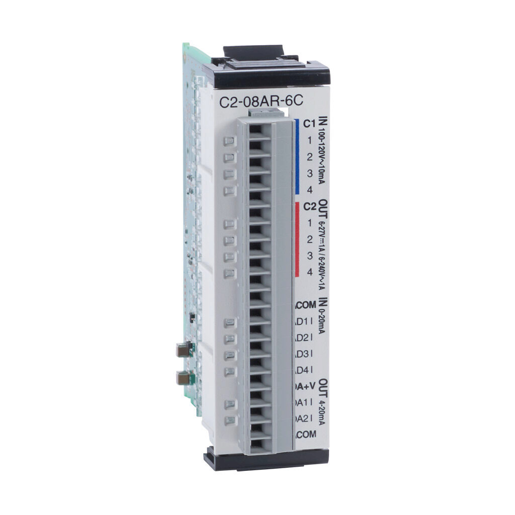 C2-08AR-6C - CLICK PLUS discrete/analog combo module, Analog Input: 4-channel, current, Analog Output: 2-channel, current, Discrete Input: 4-point, Discrete Output: 4-point, relay, (4) Form A (SPST) relays.