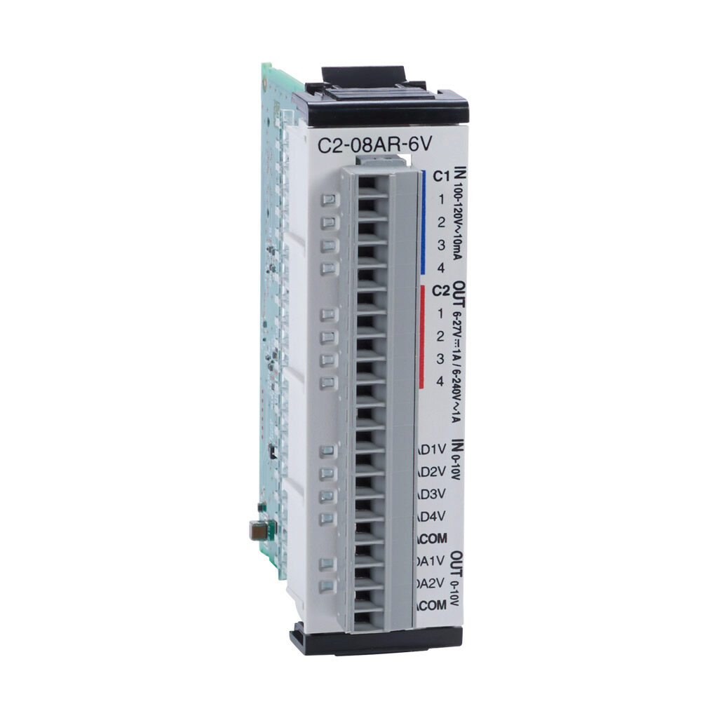 C2-08AR-6V - CLICK PLUS discrete/analog combo module, Analog Input: 4-channel, voltage, Analog Output: 2-channel, voltage, Discrete Input: 4-point, Discrete Output: 4-point, relay, (4) Form A (SPST) relays.