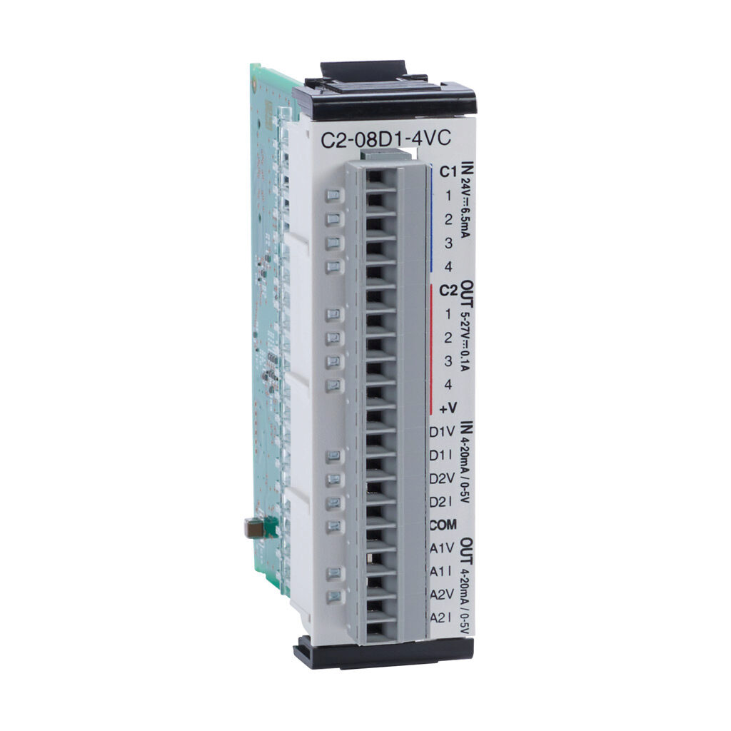 C2-08D1-4VC - CLICK PLUS discrete/analog combo module, Analog Input: 2-channel, current/voltage, Analog Output: 2-channel, current/voltage, Discrete Input: 4-point, sinking/sourcing, Discrete Output: 4-point, sinking.