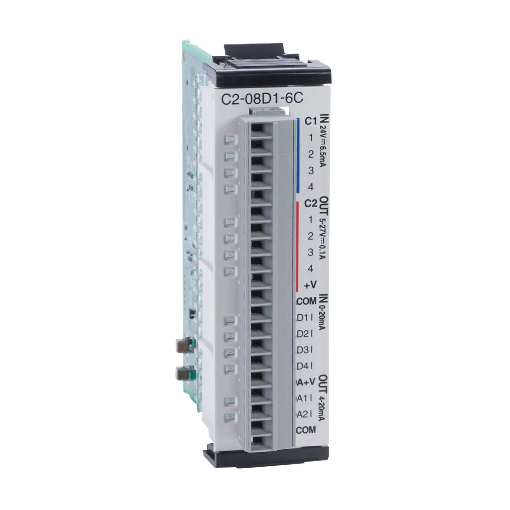 C2-08D1-6C - CLICK PLUS discrete/analog combo module, Analog Input: 4-channel, current, Analog Output: 2-channel, current, Discrete Input: 4-point, sinking/sourcing, Discrete Output: 4-point, sinking.