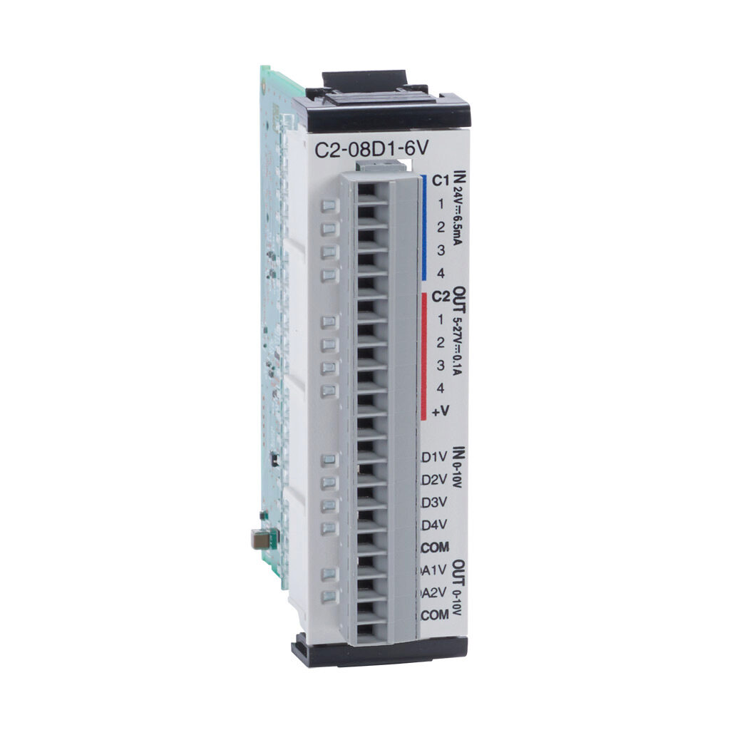 C2-08D1-6V - CLICK PLUS discrete/analog combo module, Analog Input: 4-channel, voltage, Analog Output: 2-channel, voltage, Discrete Input: 4-point, sinking/sourcing, Discrete Output: 4-point, sinking.