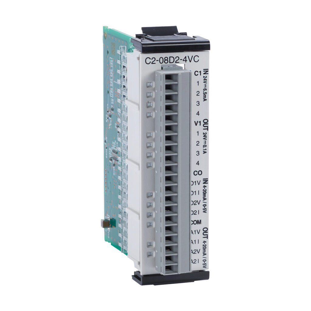 C2-08D2-4VC - CLICK PLUS discrete/analog combo module, Analog Input: 2-channel, current/voltage, Analog Output: 2-channel, current/voltage, Discrete Input: 4-point, sinking/sourcing, Discrete Output: 4-point, sourcing.