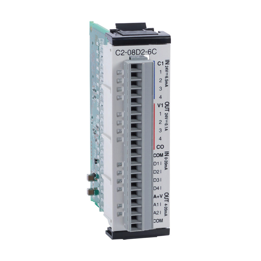C2-08D2-6C - CLICK PLUS discrete/analog combo module, Analog Input: 4-channel, current, Analog Output: 2-channel, current, Discrete Input: 4-point, sinking/sourcing, Discrete Output: 4-point, sourcing.