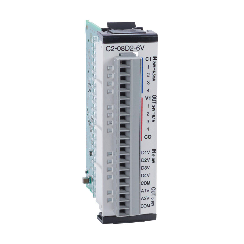 C2-08D2-6V - CLICK PLUS discrete/analog combo module, Analog Input: 4-channel, voltage, Analog Output: 2-channel, voltage, Discrete Input: 4-point, sinking/sourcing, Discrete Output: 4-point, sourcing.