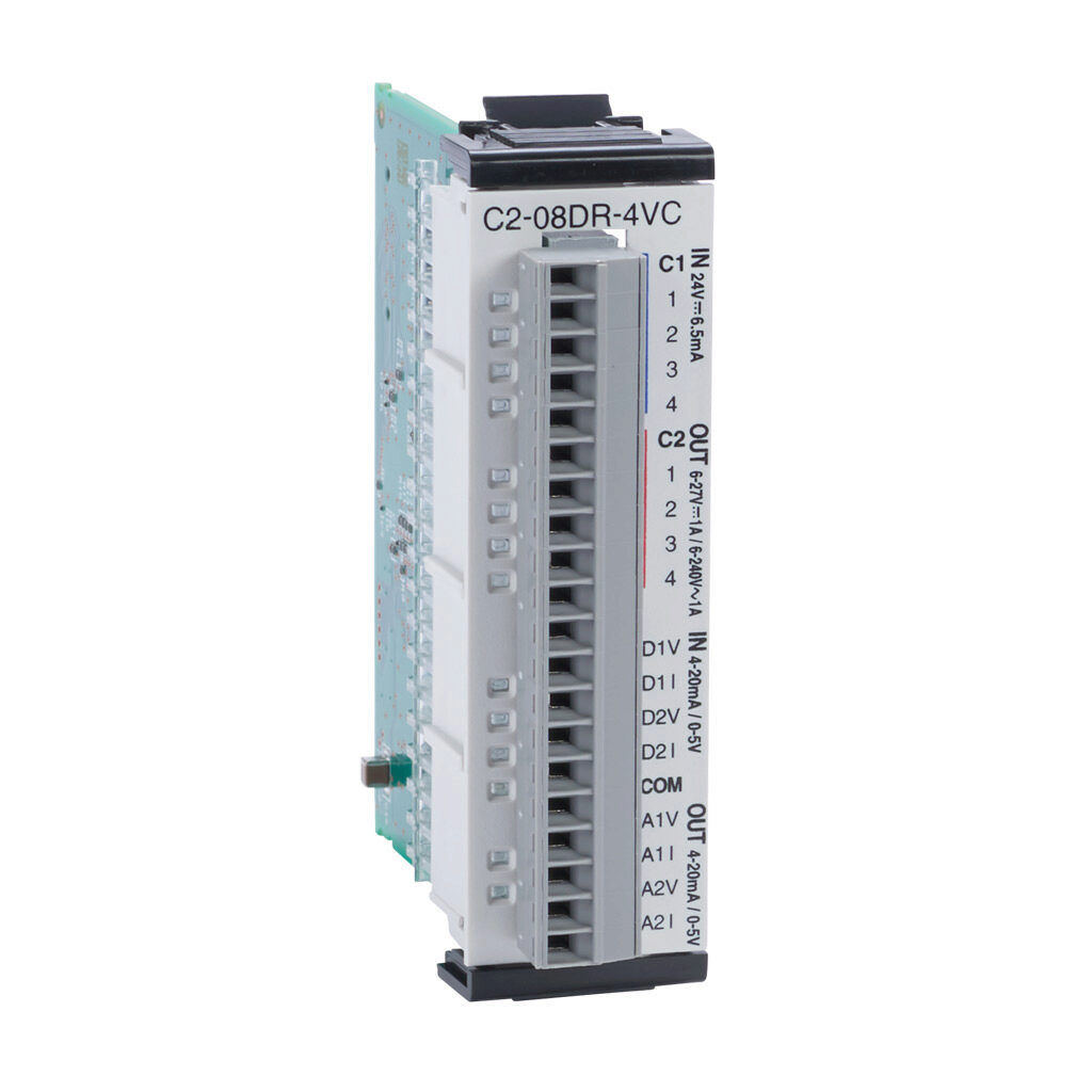 C2-08DR-4VC - CLICK PLUS discrete/analog combo module, Analog Input: 2-channel, current/voltage, Analog Output: 2-channel, current/voltage, Discrete Input: 4-point, sinking/sourcing, Discrete Output: 4-point, relay, (4) Form A (SPST) relays.