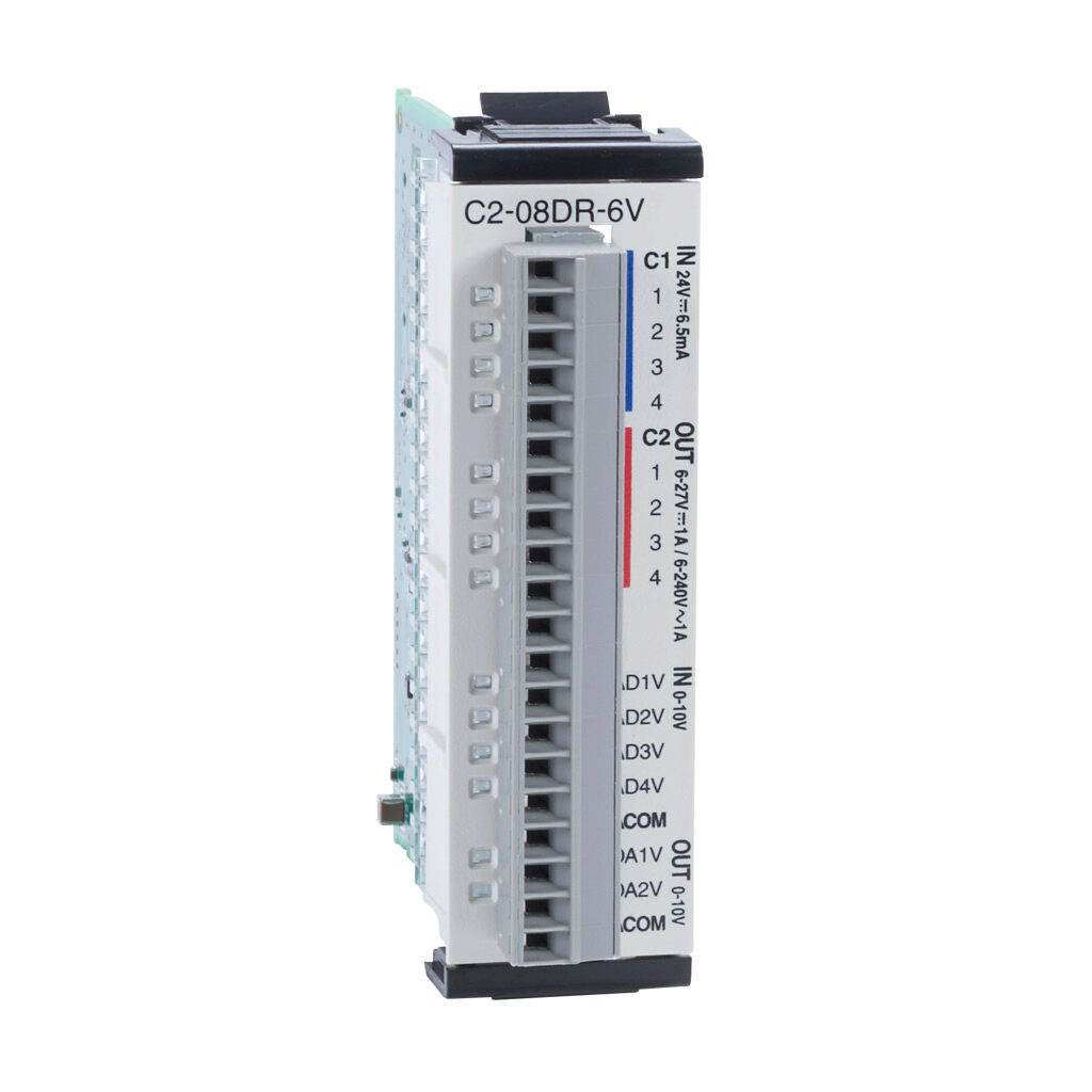 C2-08DR-6V - CLICK PLUS discrete/analog combo module, Analog Input: 4-channel, voltage, Analog Output: 2-channel, voltage, Discrete Input: 4-point, sinking/sourcing, Discrete Output: 4-point, relay, (4) Form A (SPST) relays.