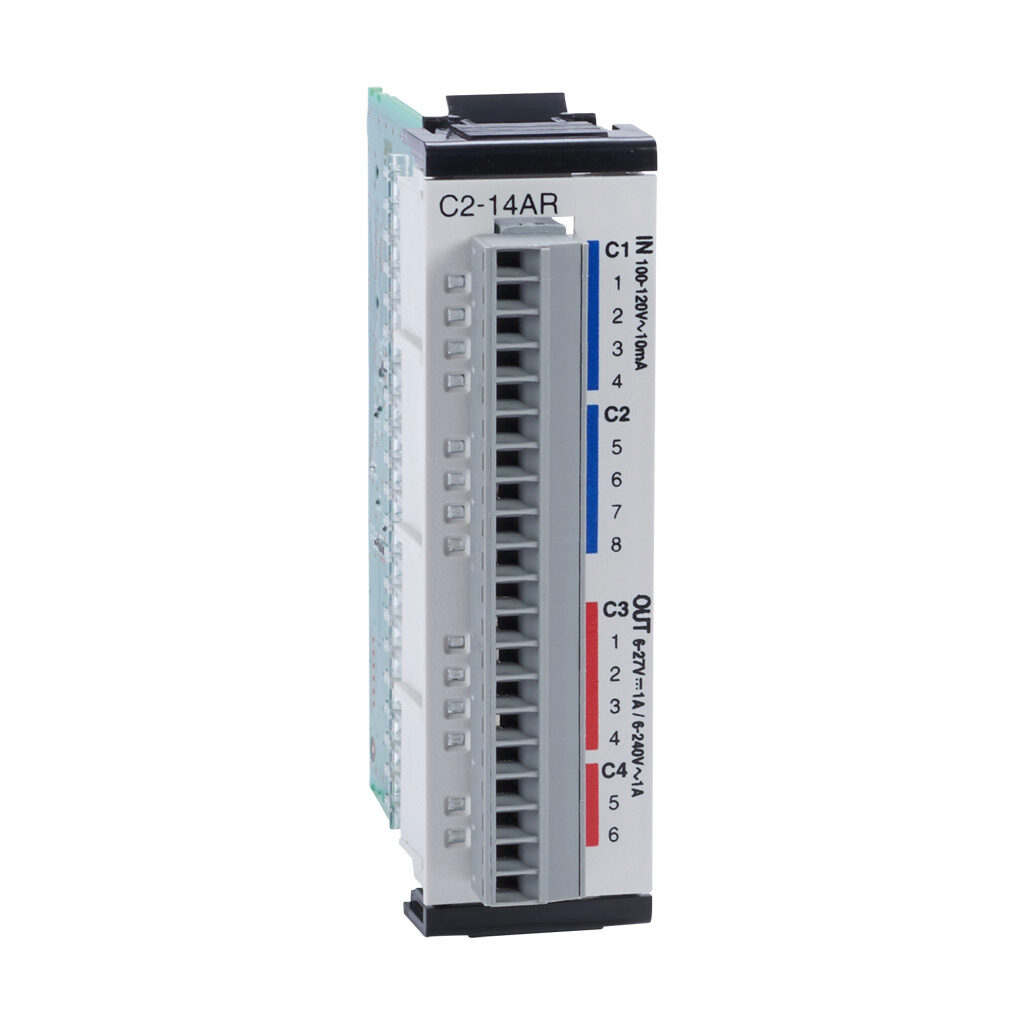 C2-14AR - CLICK PLUS discrete combo module, Input: 8-point, 100-120 VAC, Output: 6-point, 6-240 VAC/6-27 VDC, relay, (6) Form A (SPST) relays, 1A/point. Removable terminal block included.