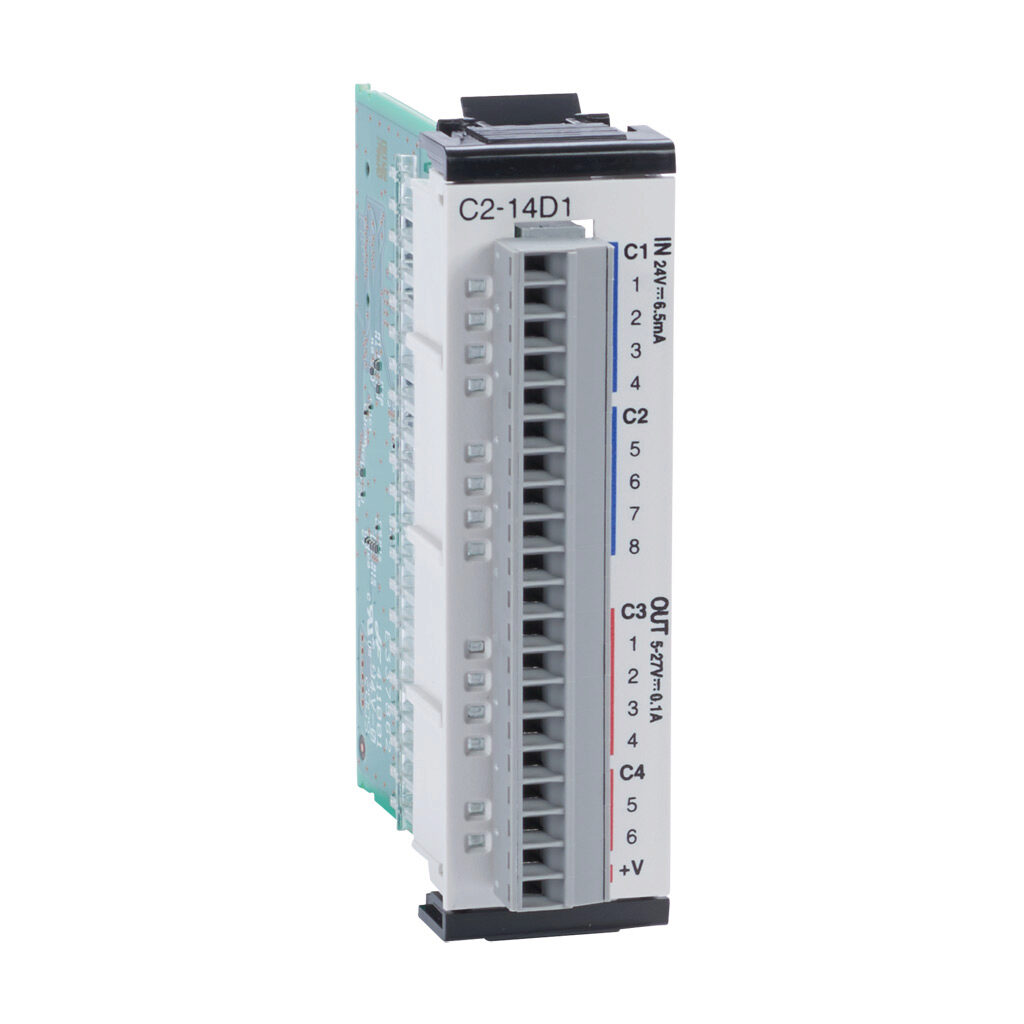 C2-14D1 - CLICK PLUS discrete combo module, Input: 8-point, 24 VDC, sinking/sourcing, Output: 6-point, 5-27 VDC, sinking, 0.1A/point. Removable terminal block included.