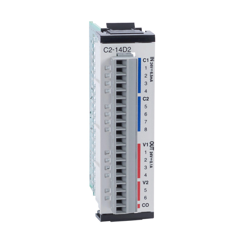 C2-14D2 - CLICK PLUS discrete combo module, Input: 8-point, 24 VDC, sinking/sourcing, Output: 6-point, 24 VDC, sourcing, 0.1A/point. Removable terminal block included.