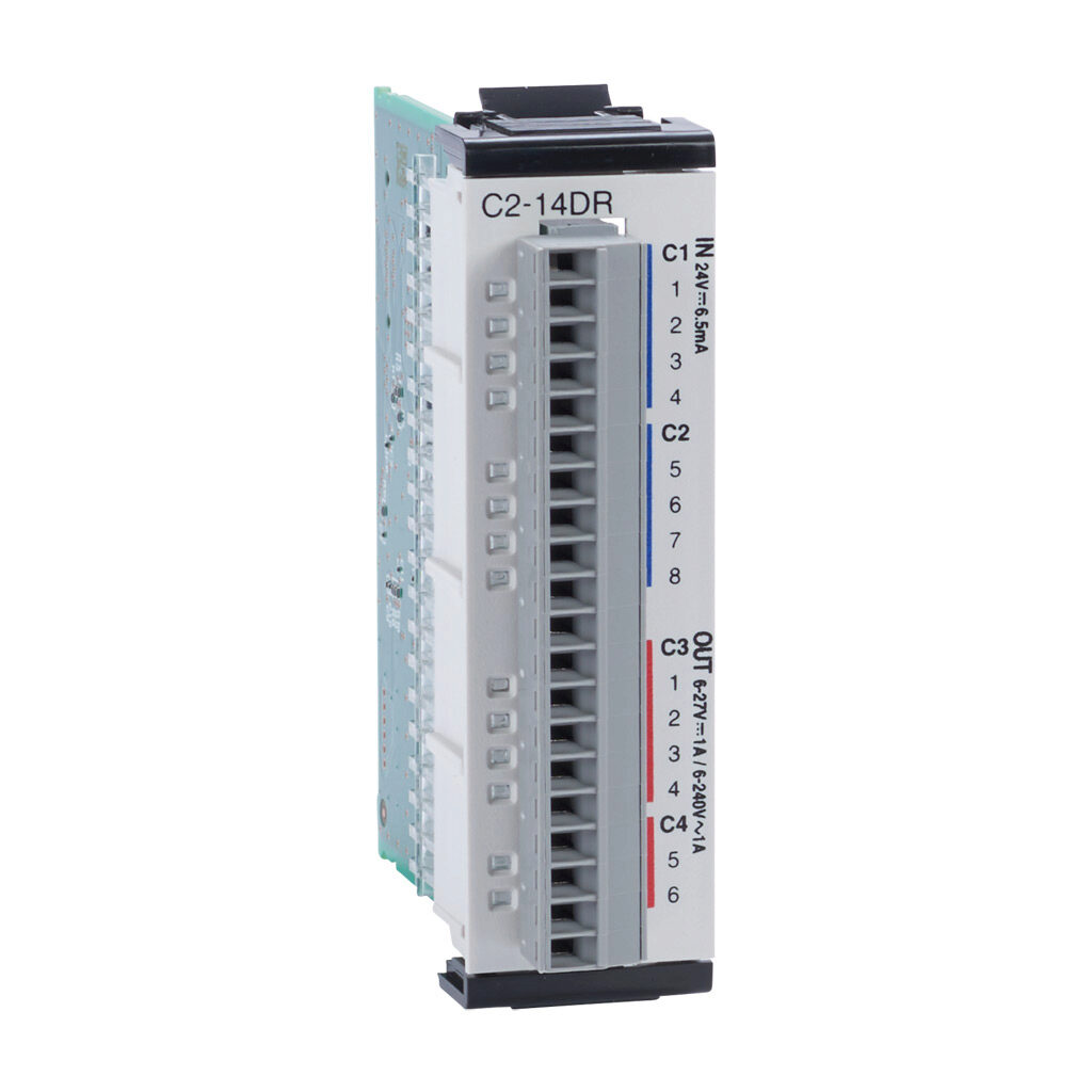 C2-14DR - CLICK PLUS discrete combo module, Input: 8-point, 24 VDC, sinking/sourcing, Output: 6-point, 6-240 VAC/6-27 VDC, relay, (6) Form A (SPST) relays, 1A/point. Removable terminal block included.