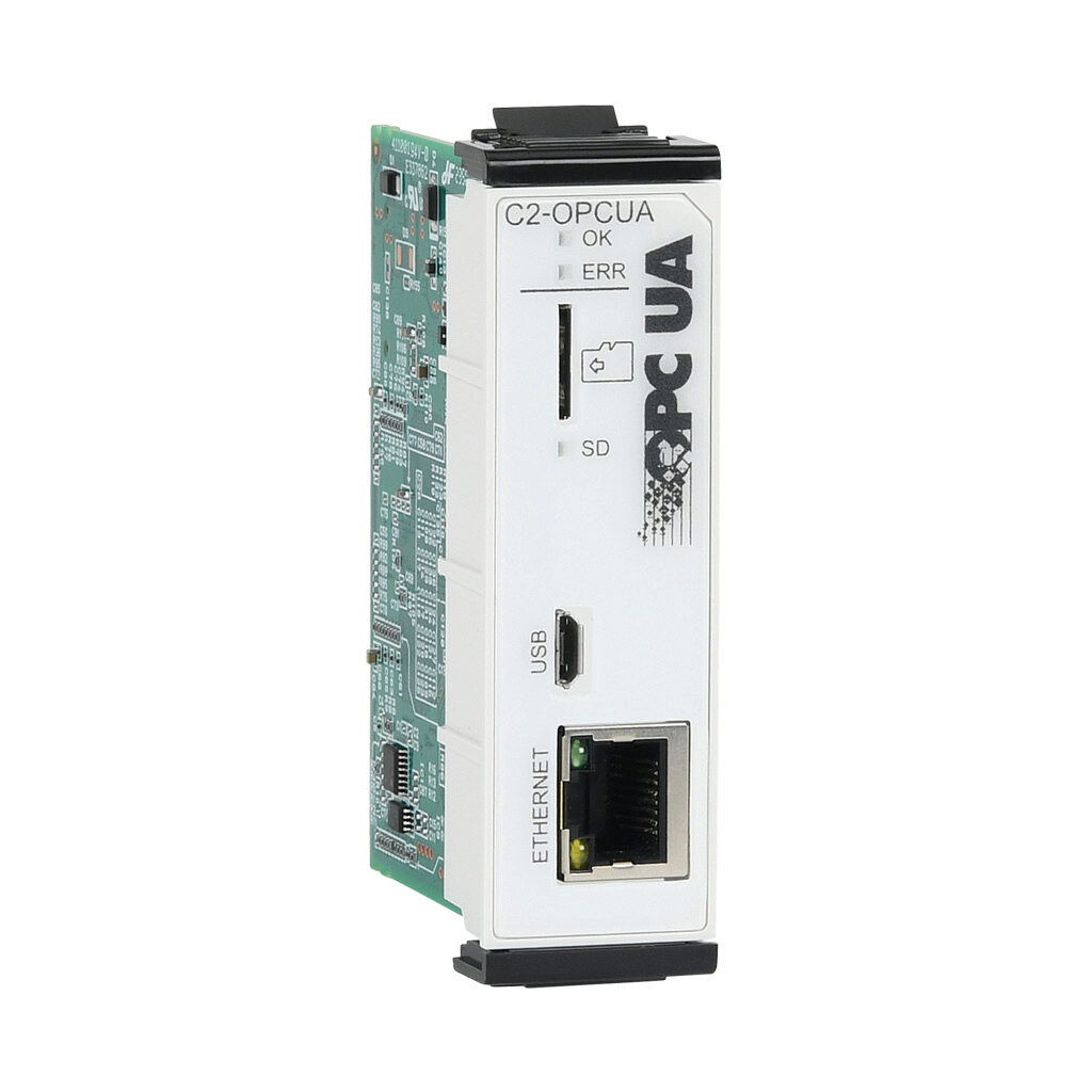 C2-OPCUA - CLICK PLUS communication module, OPC-UA Server and SNTP Client, 1 port, (1) microB-USB and (1) Ethernet 10/100Base-T (RJ45) port(s). For use with all CLICK PLUS PLCs.