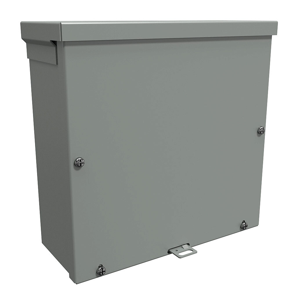 C3R10104SC - Hammond enclosure, NEMA 3R, 10 x 10 x 4in (HxWxD), wall mount, with knockouts, galvanized steel, ANSI 61 gray, powder coat finish, screw cover, padlock hasp and staple.