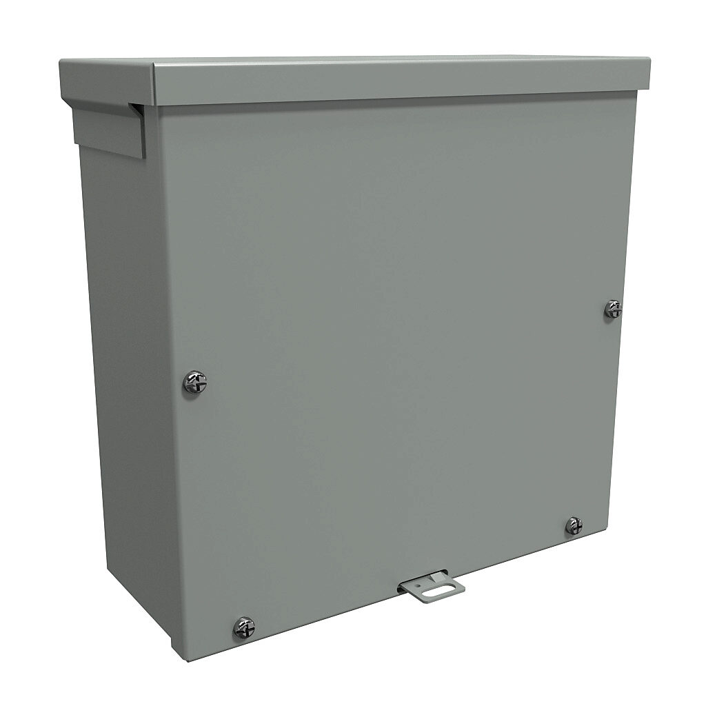 C3R10104SCNKO - Hammond enclosure, NEMA 3R, 10 x 10 x 4in (HxWxD), wall mount, galvanized steel, ANSI 61 gray, powder coat finish, screw cover, padlock hasp and staple.