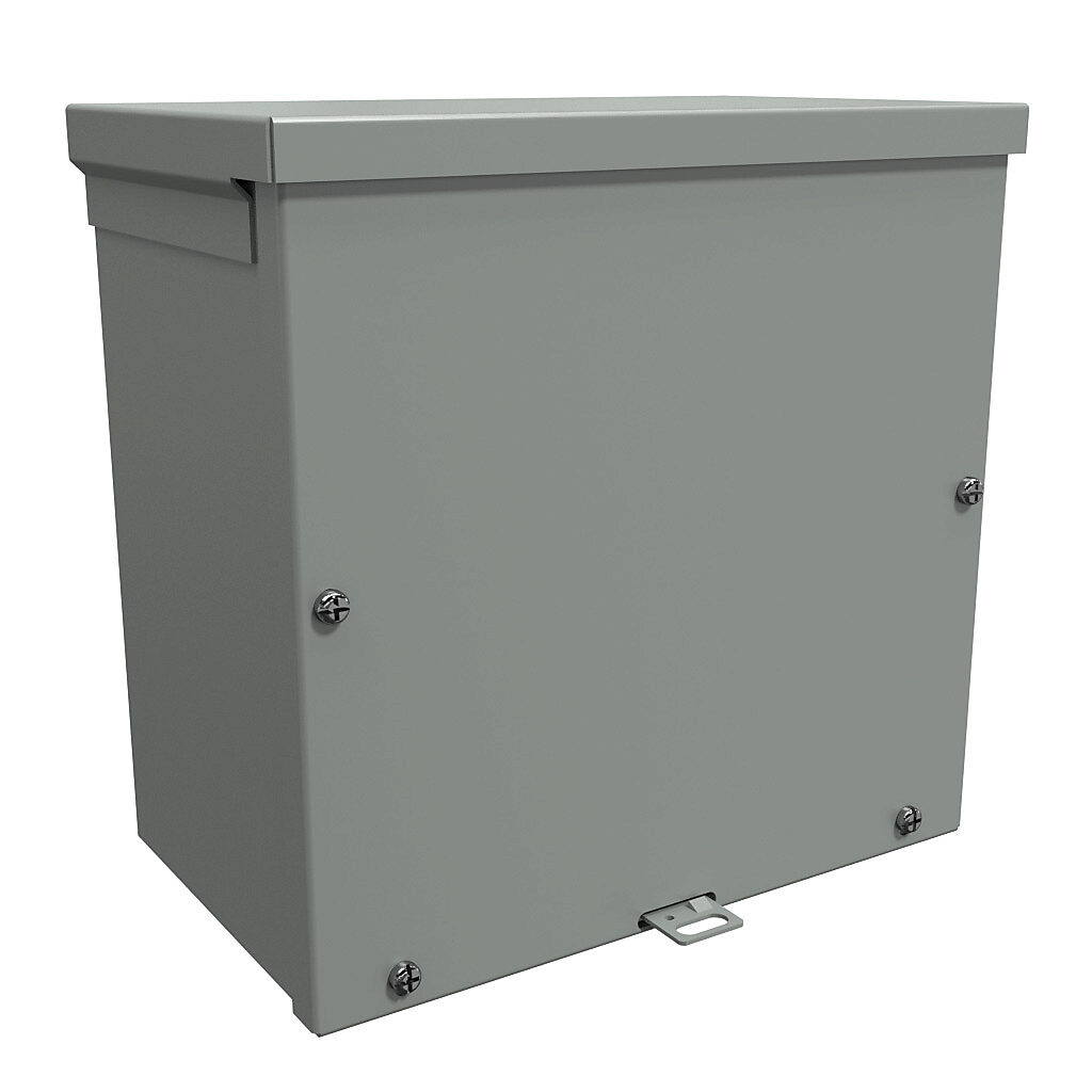 C3R10106SC - Hammond enclosure, NEMA 3R, 10 x 10 x 6in (HxWxD), wall mount, with knockouts, galvanized steel, ANSI 61 gray, powder coat finish, screw cover, padlock hasp and staple.