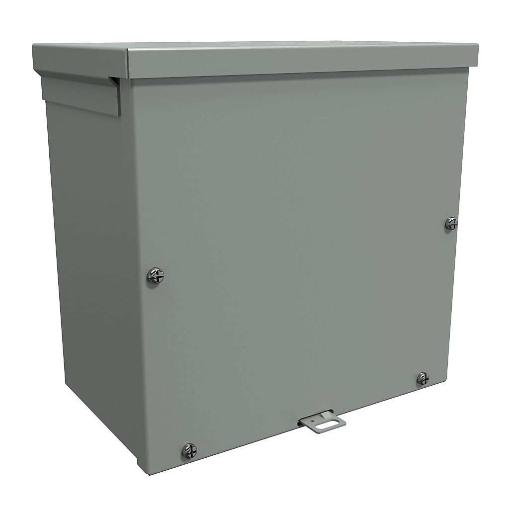 C3R10106SCNKO - Hammond enclosure, NEMA 3R, 10 x 10 x 6in (HxWxD), wall mount, galvanized steel, ANSI 61 gray, powder coat finish, screw cover, padlock hasp and staple.