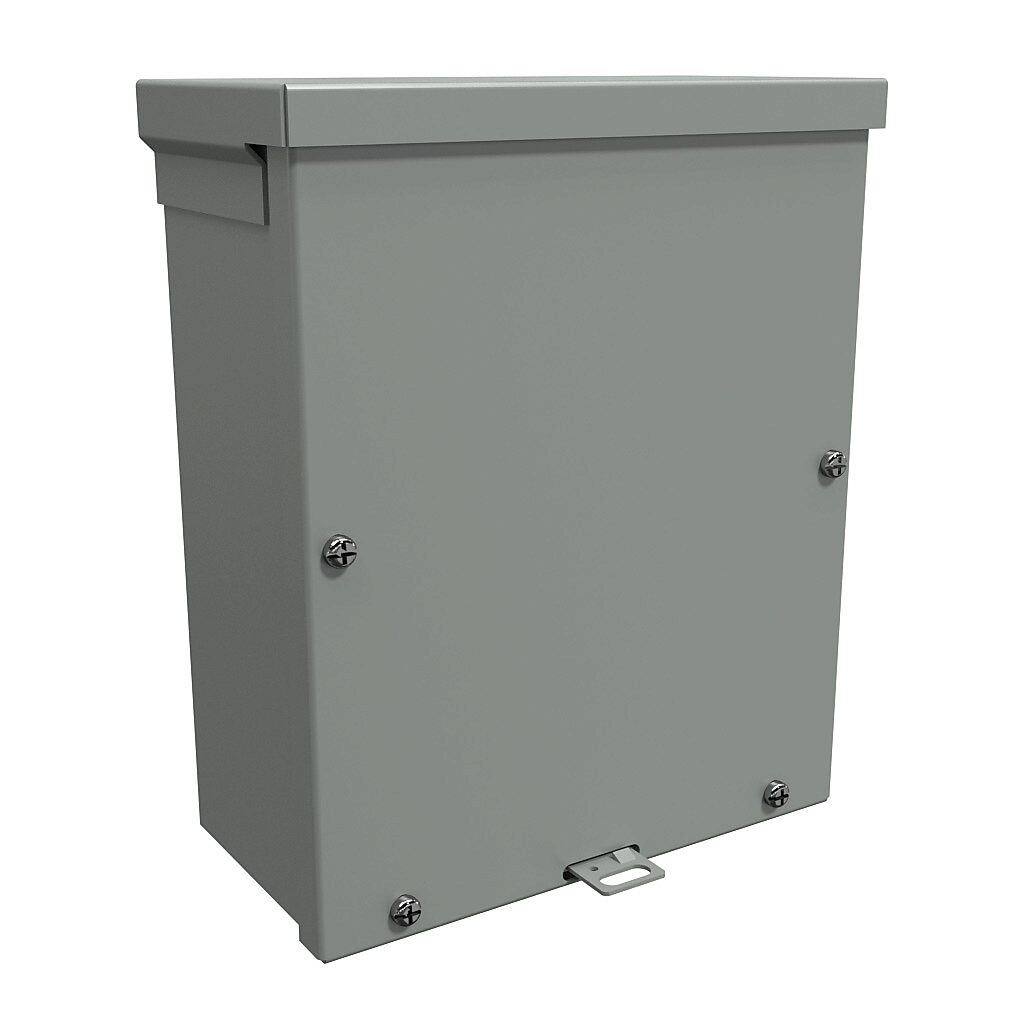 C3R1084SC - Hammond enclosure, NEMA 3R, 10 x 8 x 4in (HxWxD), wall mount, with knockouts, galvanized steel, ANSI 61 gray, powder coat finish, screw cover, padlock hasp and staple.
