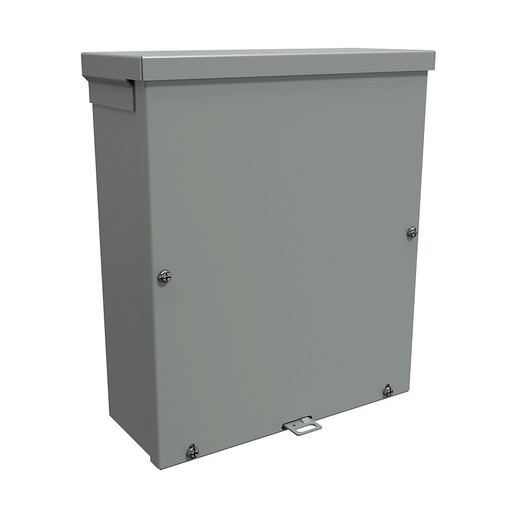 C3R12104SC - Hammond enclosure, NEMA 3R, 12 x 10 x 4in (HxWxD), wall mount, with knockouts, galvanized steel, ANSI 61 gray, powder coat finish, screw cover, padlock hasp and staple.
