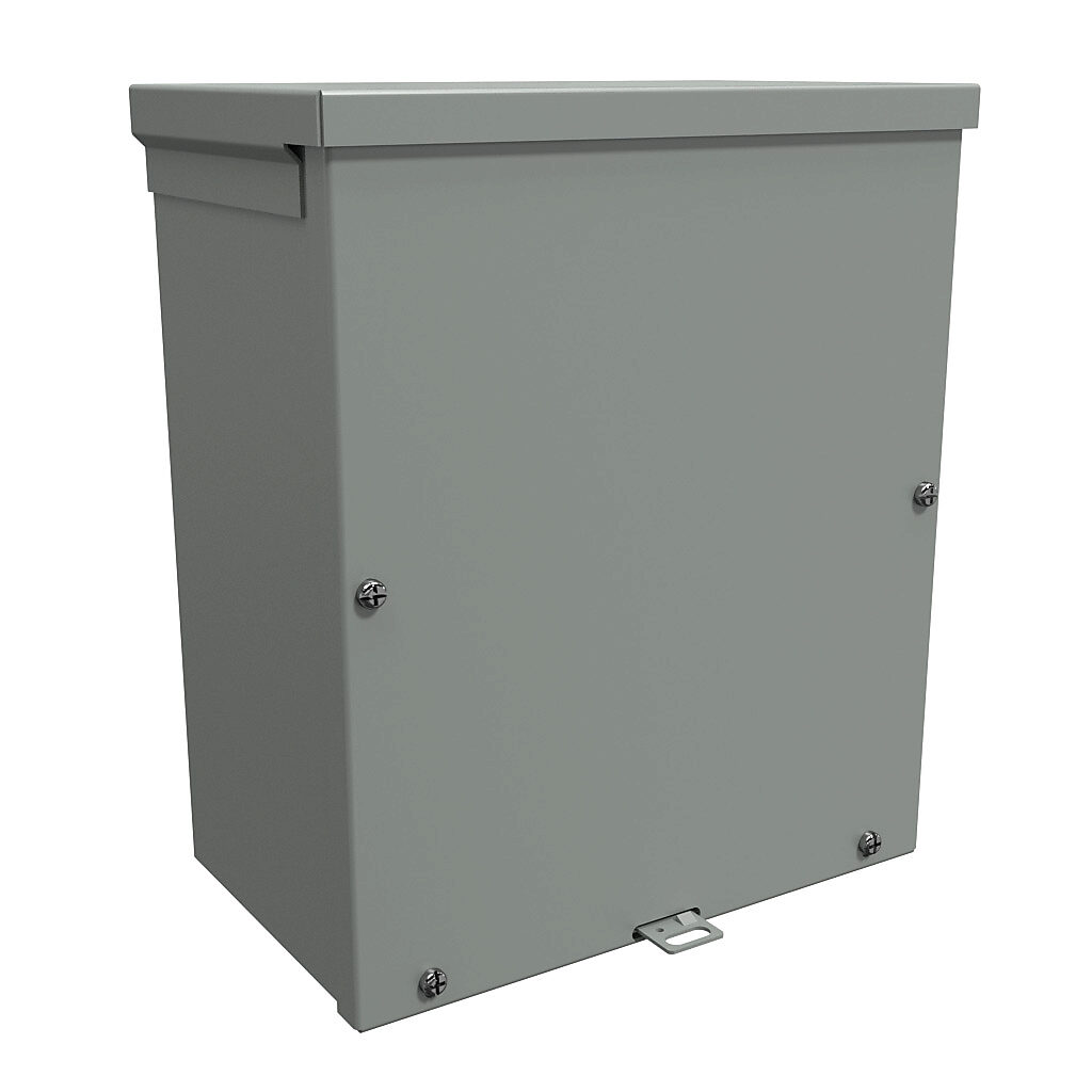 C3R12106SC - Hammond enclosure, NEMA 3R, 12 x 10 x 6in (HxWxD), wall mount, with knockouts, galvanized steel, ANSI 61 gray, powder coat finish, screw cover, padlock hasp and staple.