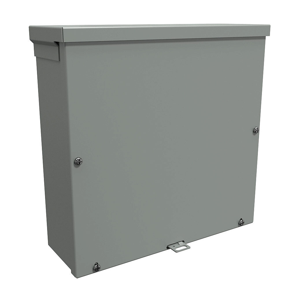 C3R12124SC - Hammond enclosure, NEMA 3R, 12 x 12 x 4in (HxWxD), wall mount, with knockouts, galvanized steel, ANSI 61 gray, powder coat finish, screw cover, padlock hasp and staple.