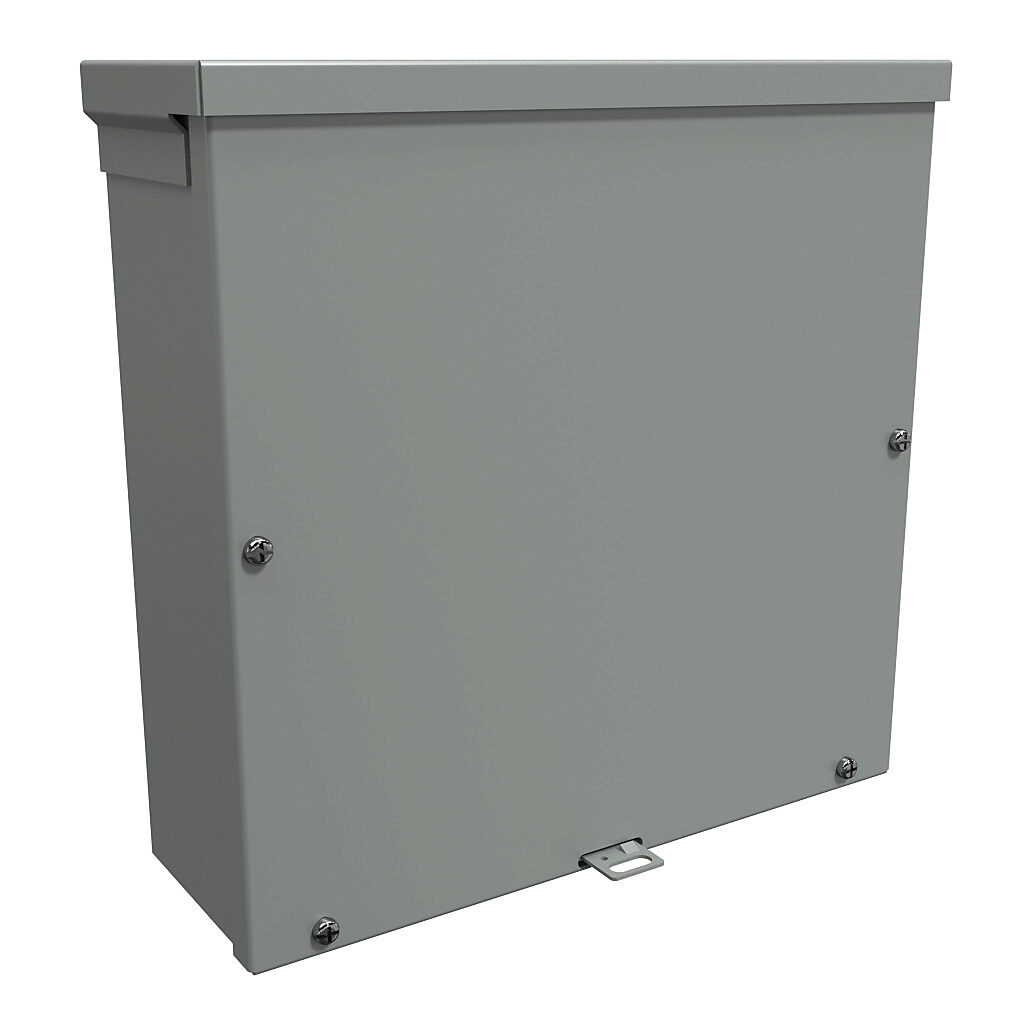 C3R12124SCNKO - Hammond enclosure, NEMA 3R, 12 x 12 x 4in (HxWxD), wall mount, galvanized steel, ANSI 61 gray, powder coat finish, screw cover, padlock hasp and staple.