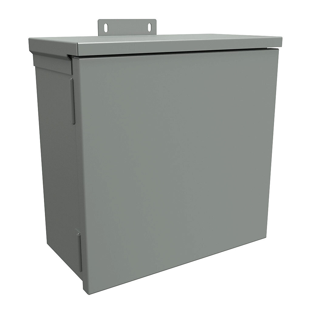 C3R12126HCR - Hammond enclosure, NEMA 3R, 12 x 12 x 6in (HxWxD), wall mount, with knockouts, galvanized steel, ANSI 61 gray, powder coat finish, single-door, quick-release latch, padlock hasp and staple.