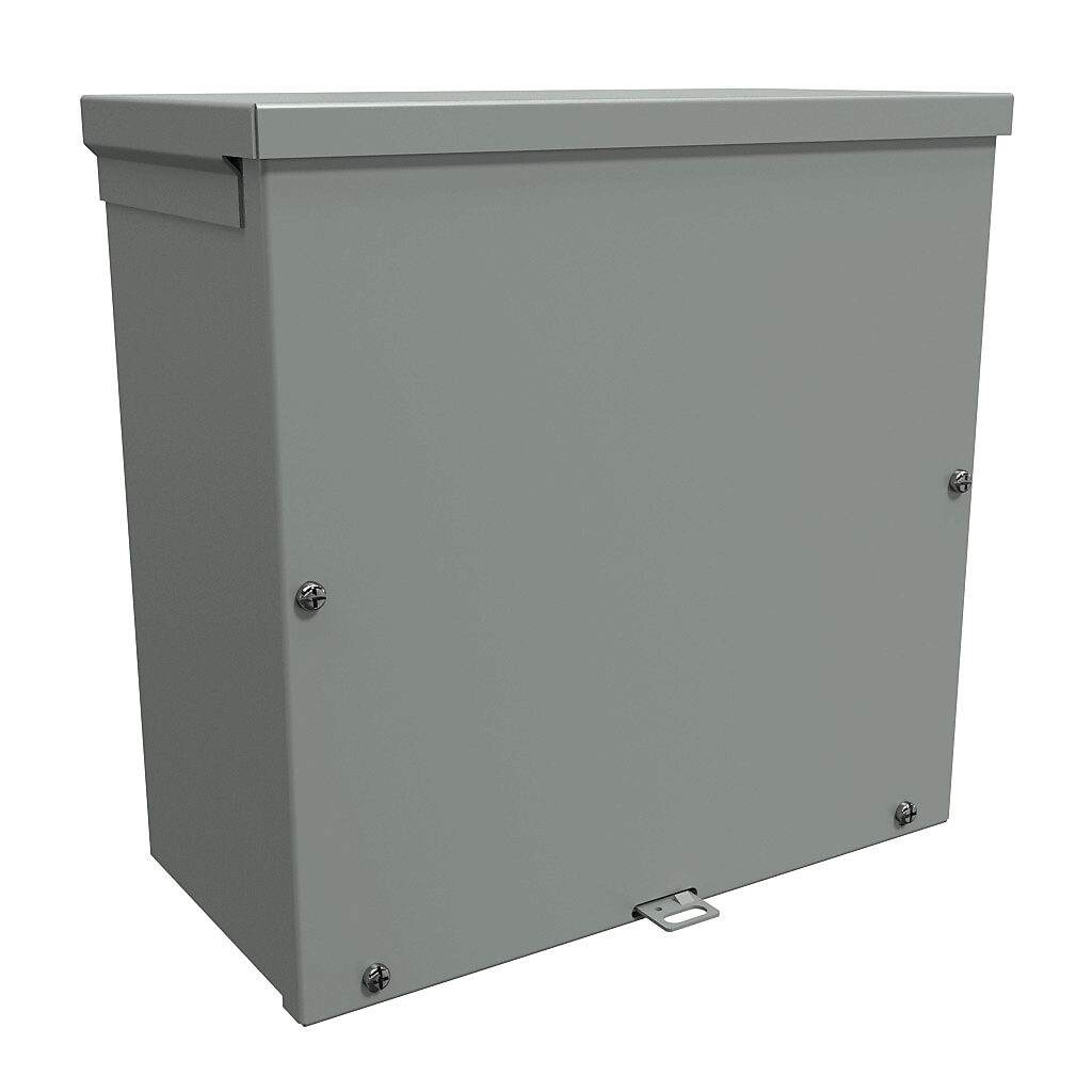 C3R12126SC - Hammond enclosure, NEMA 3R, 12 x 12 x 6in (HxWxD), wall mount, with knockouts, galvanized steel, ANSI 61 gray, powder coat finish, screw cover, padlock hasp and staple.