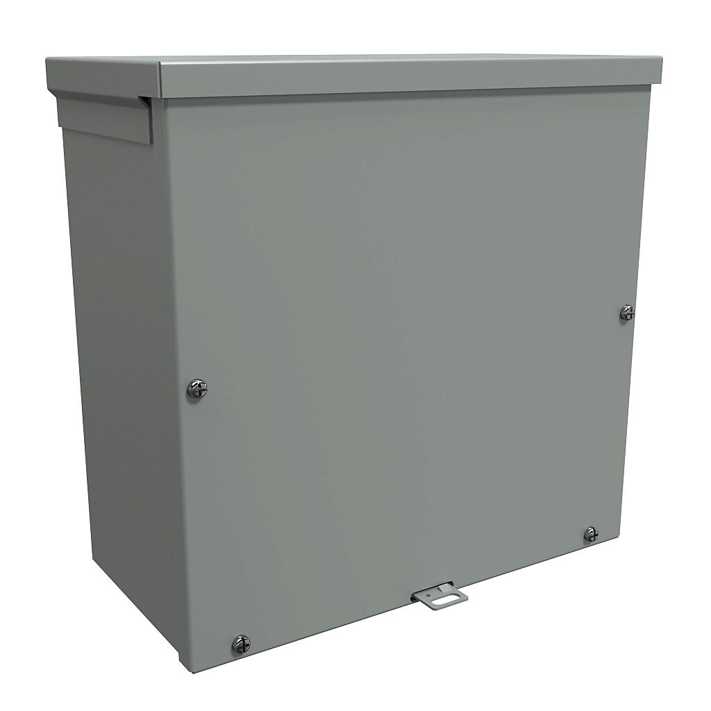 C3R12126SCNKO - Hammond enclosure, NEMA 3R, 12 x 12 x 6in (HxWxD), wall mount, galvanized steel, ANSI 61 gray, powder coat finish, screw cover, padlock hasp and staple.