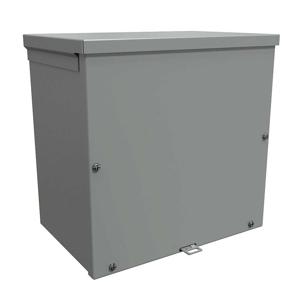 C3R12128SC - Hammond enclosure, NEMA 3R, 12 x 12 x 8in (HxWxD), wall mount, with knockouts, galvanized steel, ANSI 61 gray, powder coat finish, screw cover, padlock hasp and staple.