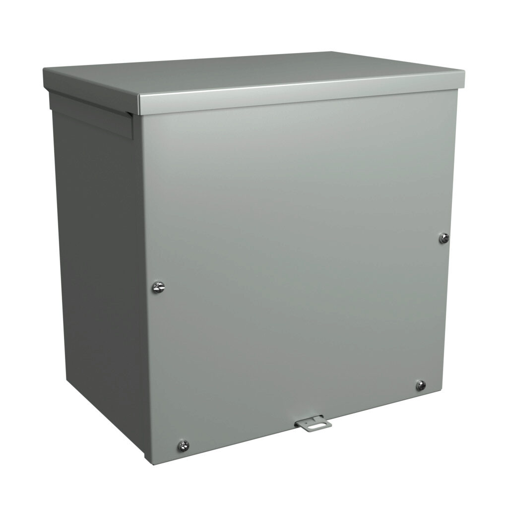 C3R12128SCNKO - Hammond enclosure, NEMA 3R, 12 x 12 x 8in (HxWxD), wall mount, galvanized steel, ANSI 61 gray, powder coat finish, screw cover, padlock hasp and staple.