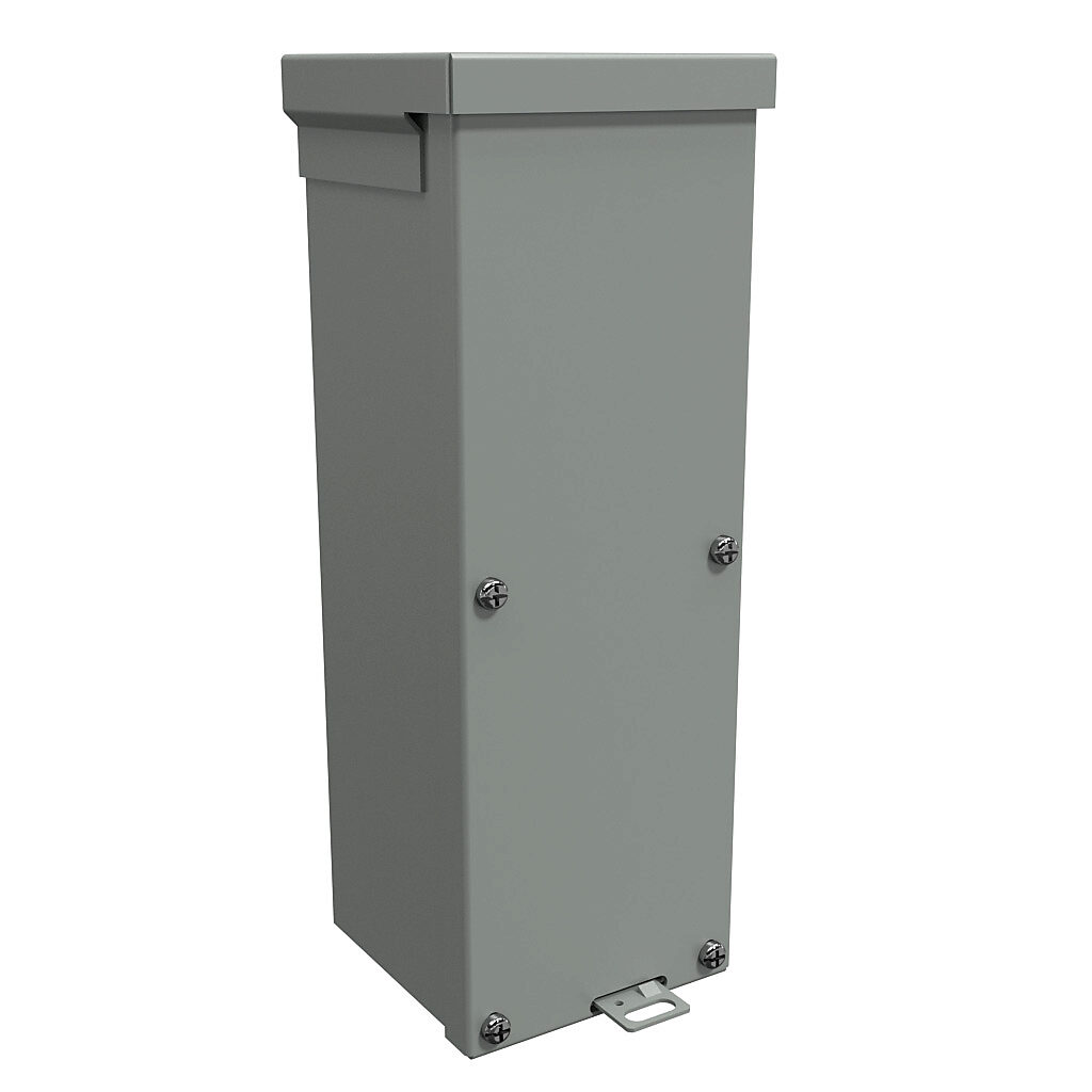 C3R1244SC - Hammond enclosure, NEMA 3R, 12 x 4 x 4in (HxWxD), wall mount, with knockouts, galvanized steel, ANSI 61 gray, powder coat finish, screw cover, padlock hasp and staple.