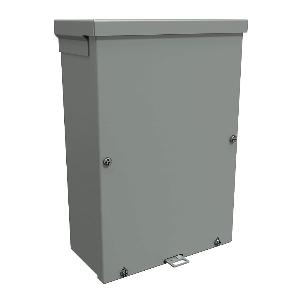 C3R1284SC - Hammond enclosure, NEMA 3R, 12 x 8 x 4in (HxWxD), wall mount, with knockouts, galvanized steel, ANSI 61 gray, powder coat finish, screw cover, padlock hasp and staple.