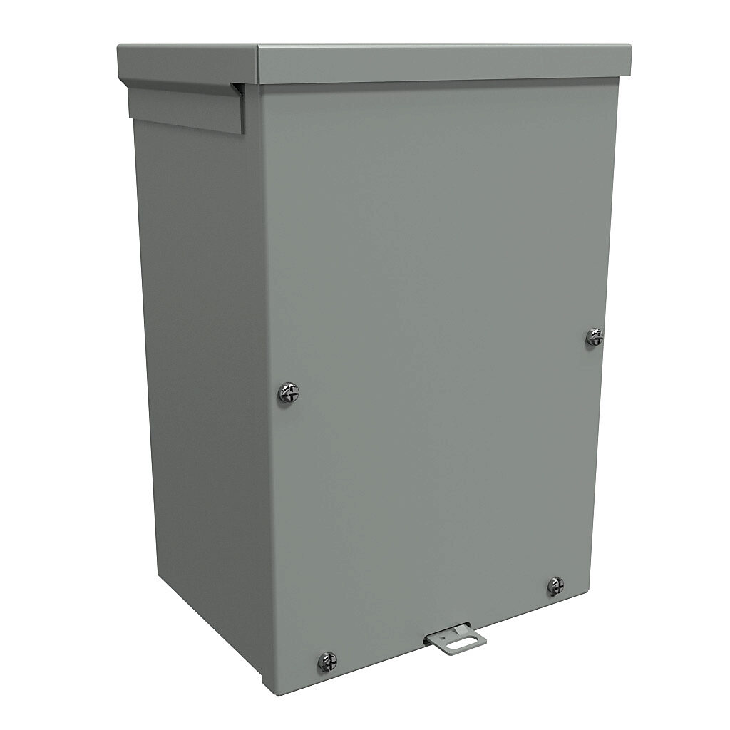C3R1286SC - Hammond enclosure, NEMA 3R, 12 x 8 x 6in (HxWxD), wall mount, with knockouts, galvanized steel, ANSI 61 gray, powder coat finish, screw cover, padlock hasp and staple.