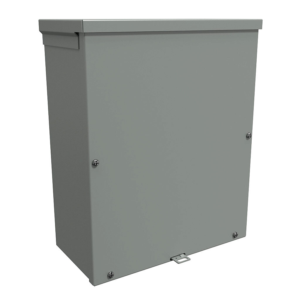 C3R15126SC - Hammond enclosure, NEMA 3R, 15 x 12 x 6in (HxWxD), wall mount, with knockouts, galvanized steel, ANSI 61 gray, powder coat finish, screw cover, padlock hasp and staple.